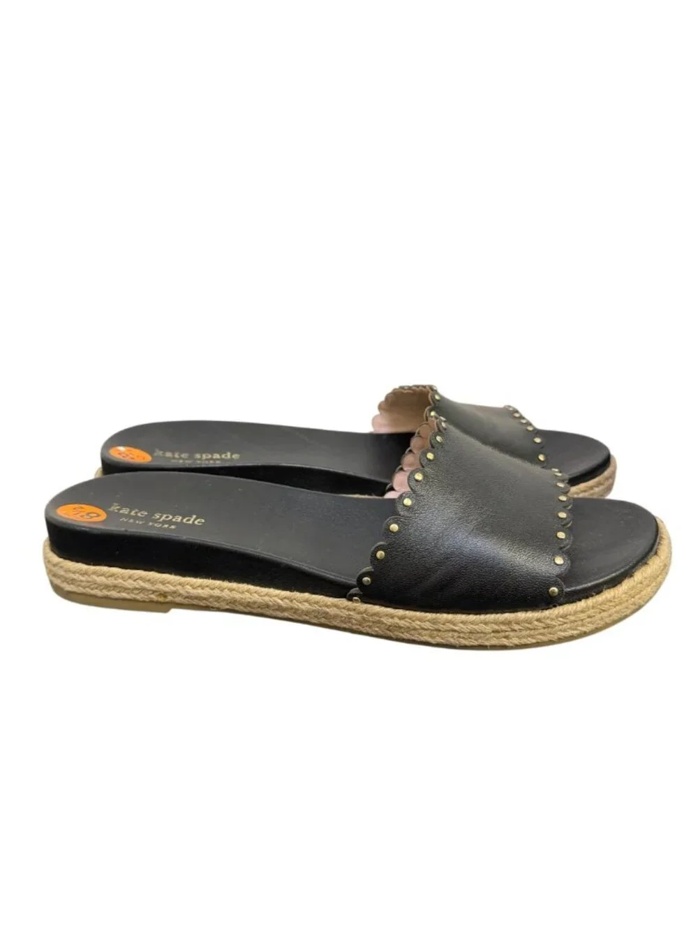 Kate Spade Black Leather Scalloped Espadrille Slide Sandals Size 8.5